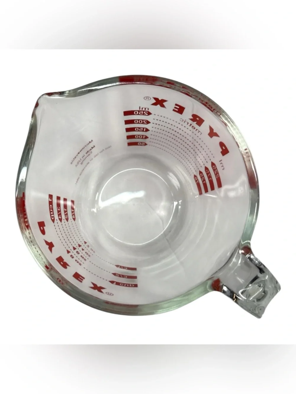 Vintage Pyrex Glass Measuring Cup Red Lettering Open J Handle 1 Cup 8 oz 250 ml